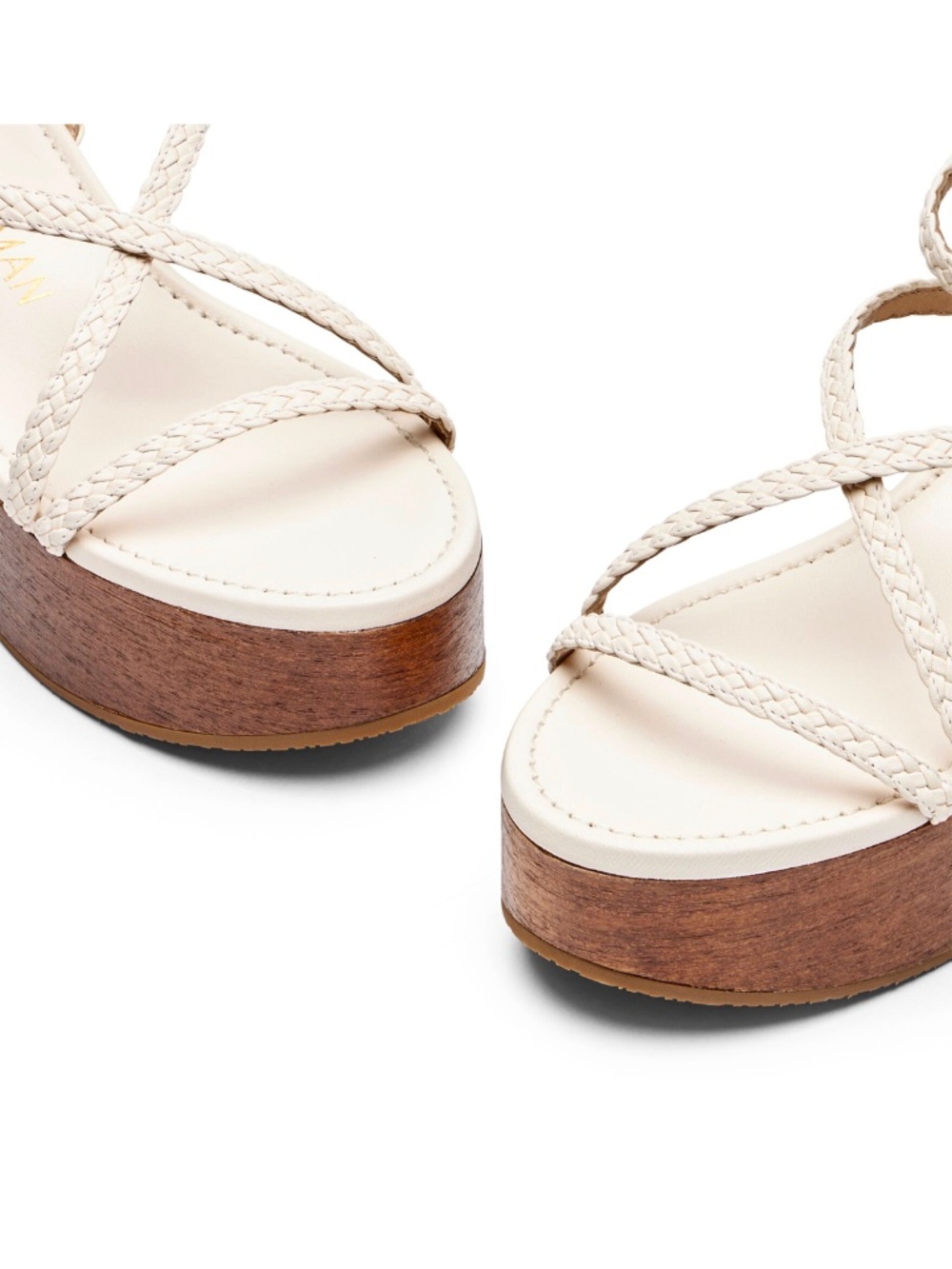 STUART WEITZMAN NIB WOVETTE SEASHELL WALLNUT WOOD WEDGE SANDAL. SIZE 9 B - Picture 6 of 16